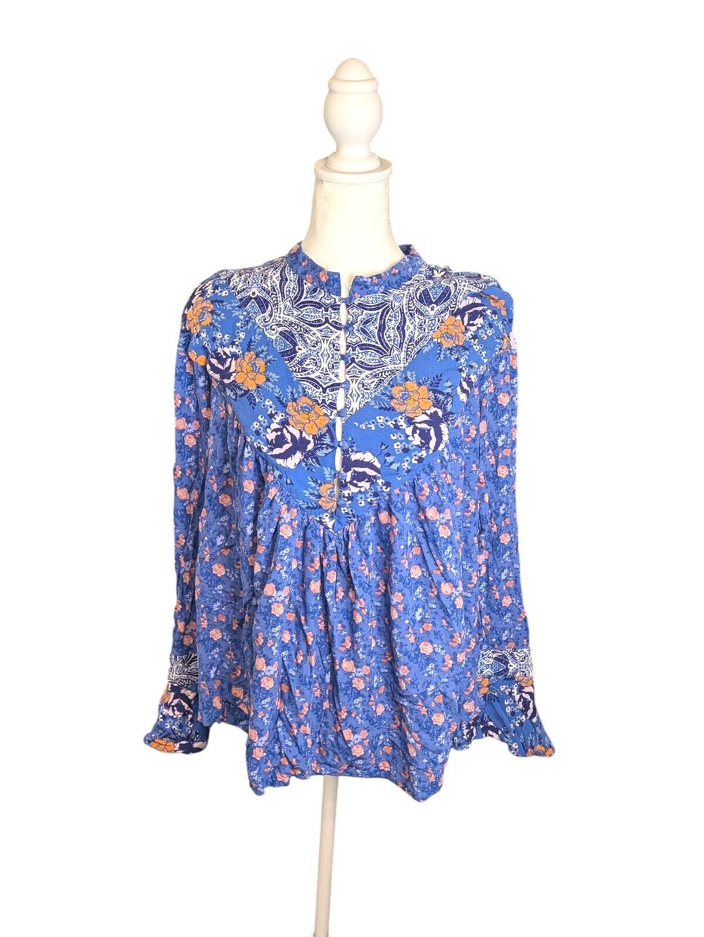 Free People Womens Large Blue Floral Paisley Boho Peasant Tunic Blouse